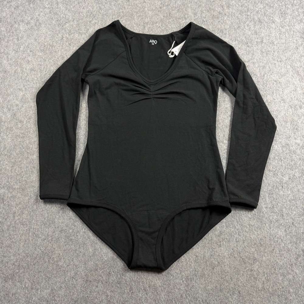 ARQ Women Black Paloma Bodysuit Leo Leotard V-Neck Long Sleeve Size 2X NWT